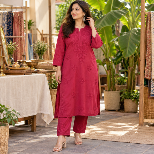 Marron Chanderi Silk Chikankari Kurta Set