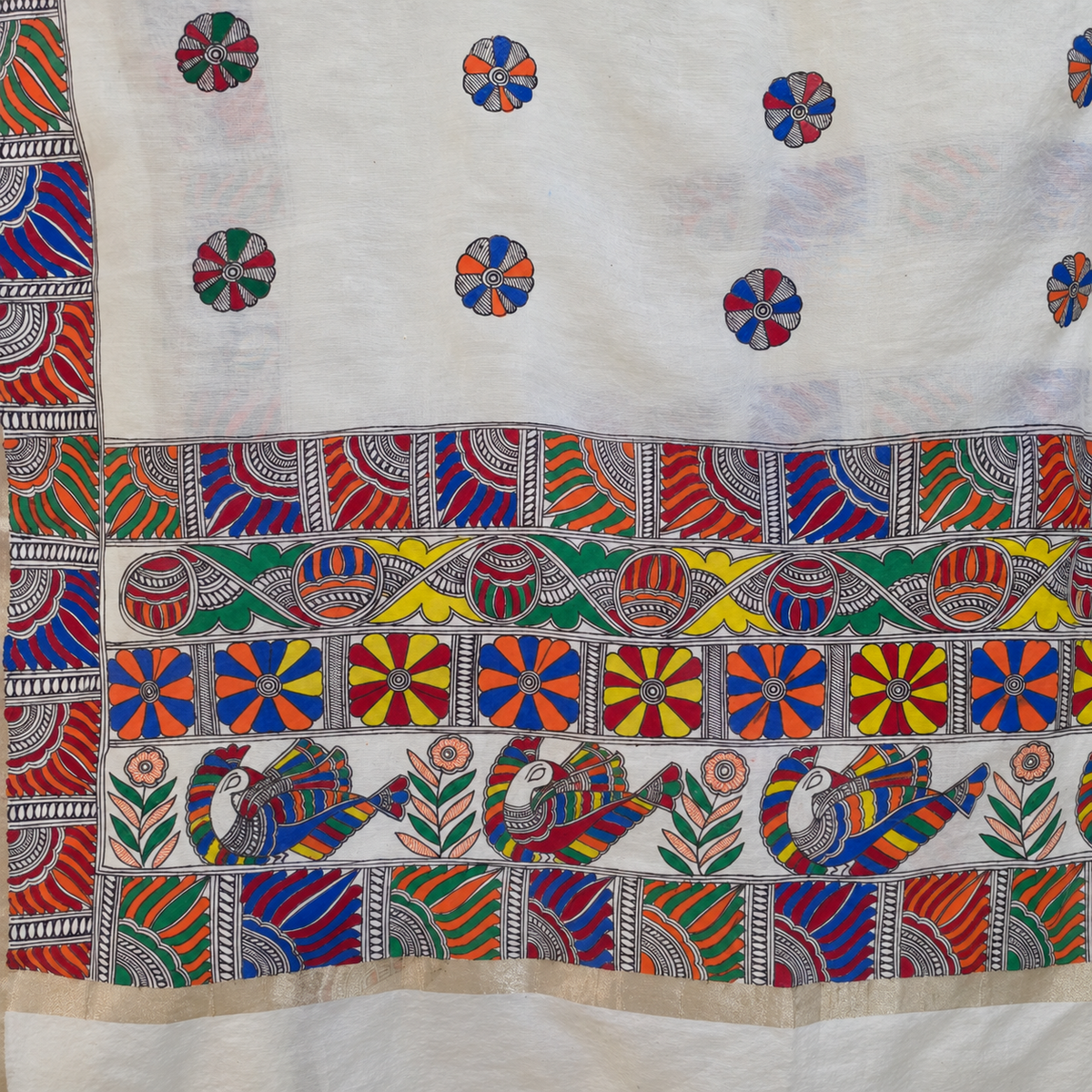 Madhubani Hand Painted Cream Colour Lotus Motif Dupatta
