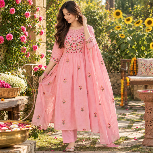 Pink Chanderi Embroidered Jaipuri Kurta Set