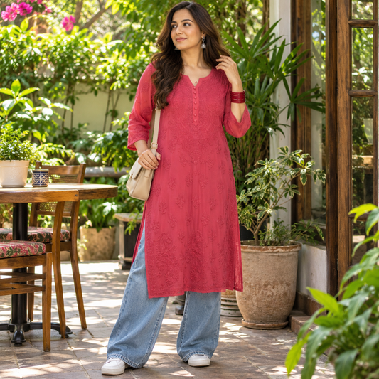 Crimson Red Chikankari Kurta