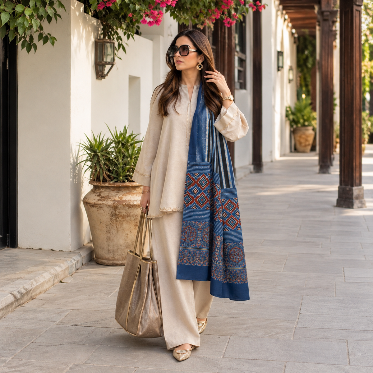 Ajrakh Modal Silk Blue Stole