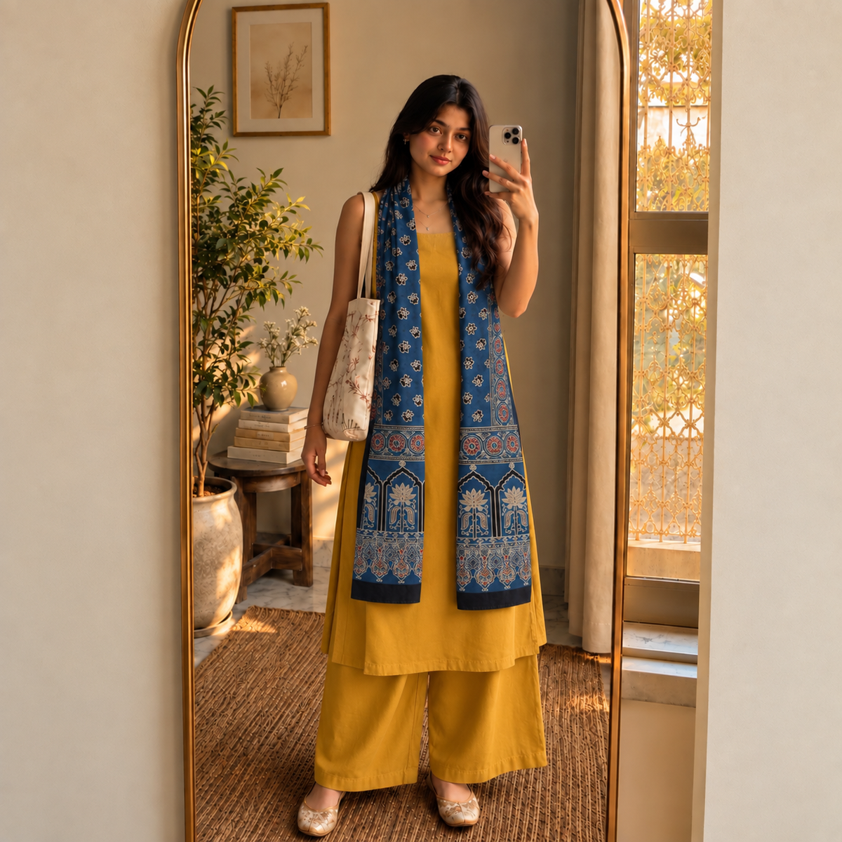 Ajrakh Mashru Silk Blue Stole