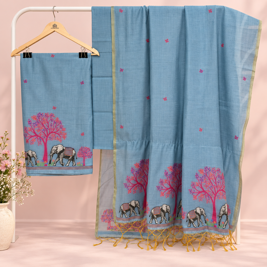 Blue Jamdani Muga Cotton