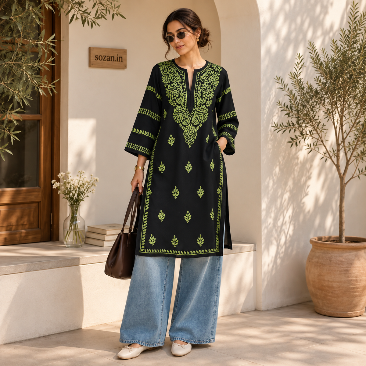 Green on Black Chikankari kurta