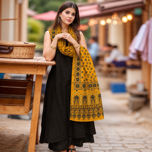 Ajrakh Mashru Silk Mustard Yellow Stole