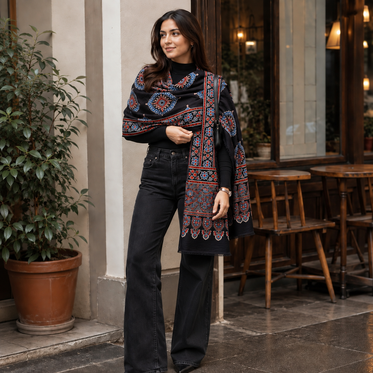 Ajrakh Modal Silk Black Stole