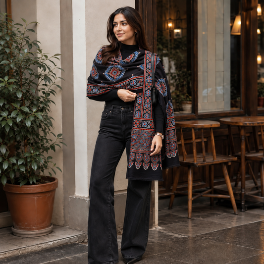 Ajrakh Modal Silk Black Stole