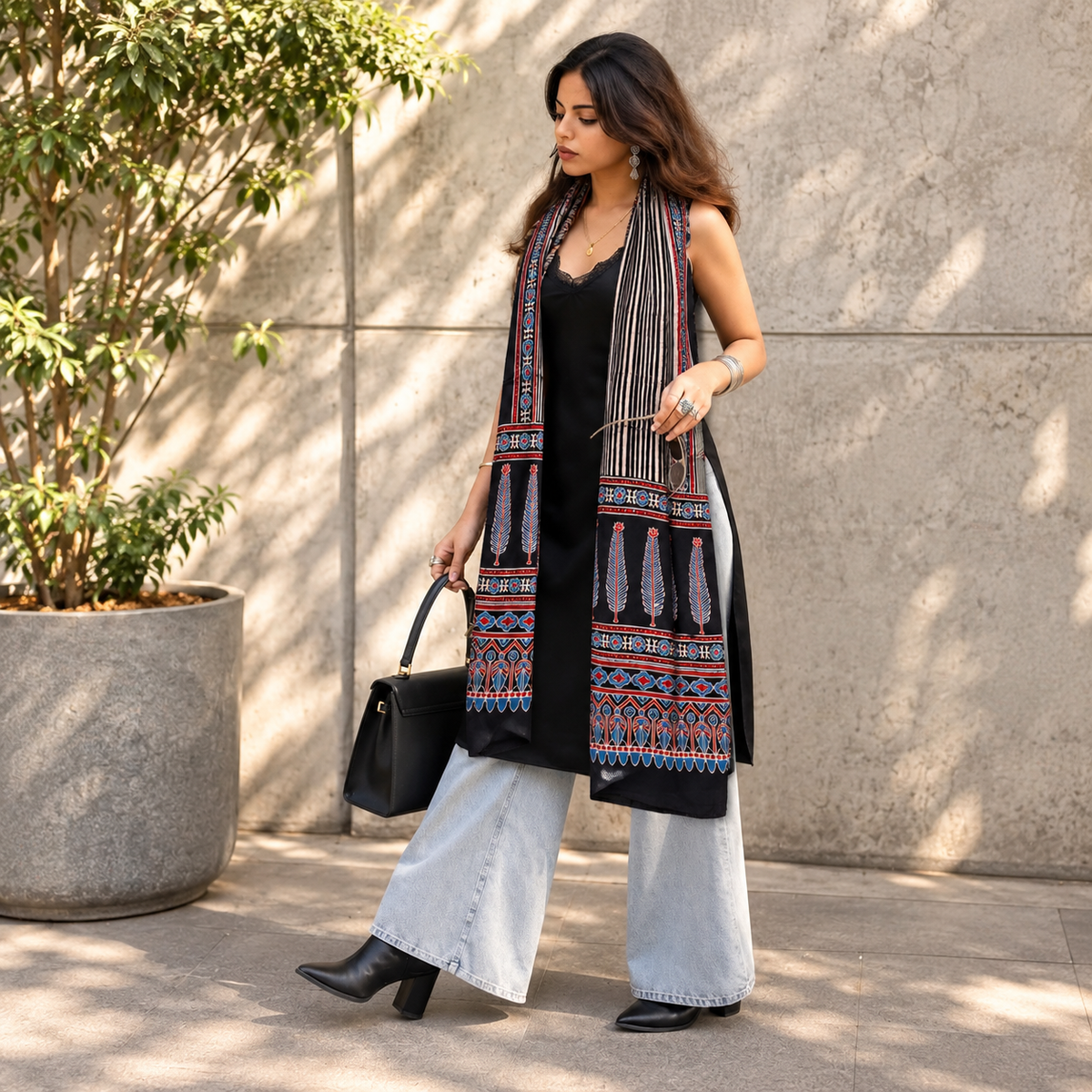 Ajrakh Modal Silk Black Stole