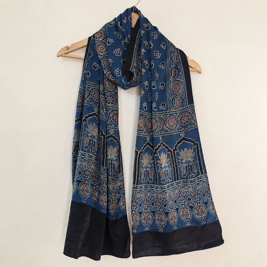 Ajrakh Mashru Silk Blue Stole