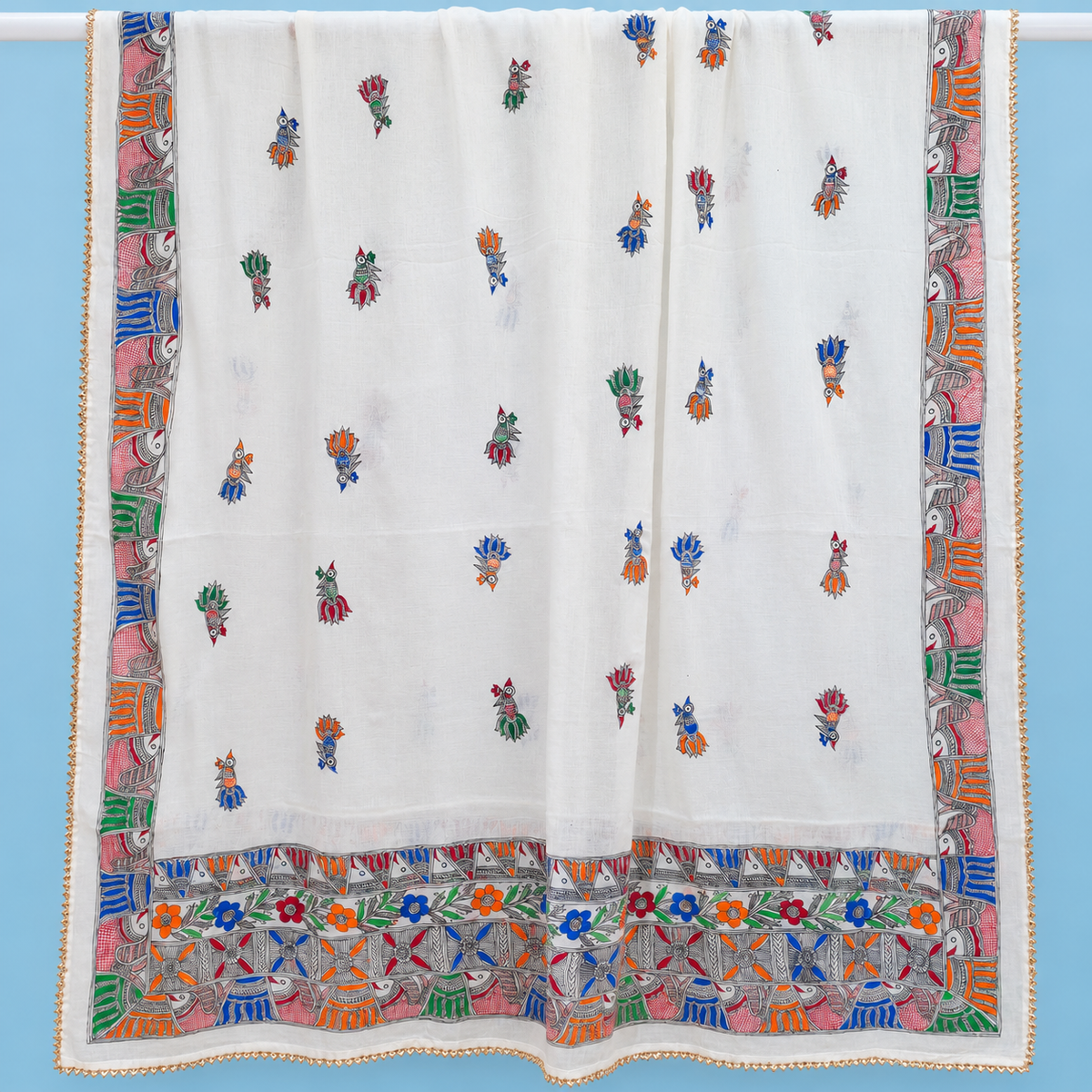 Madhubani Hand painted Cream Colour Fish Motif Dupatta