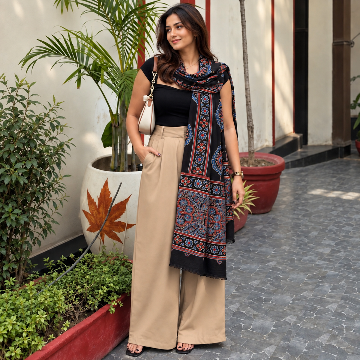 Ajrakh Modal Silk Black Stole