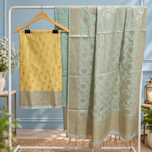 Yellow Green Banarasi Handwoven Silk Suit Set