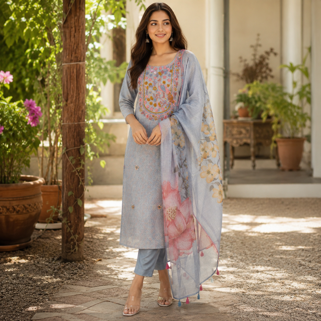 Grey Kota Doria Dress Material