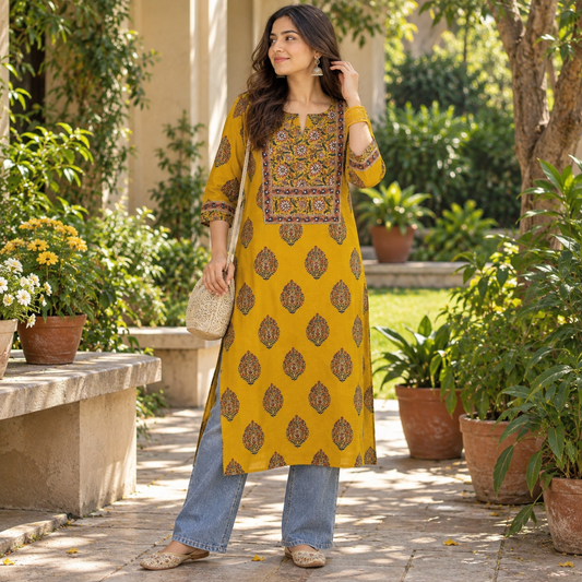 Yellow Jaipuri Embroidery Kurta