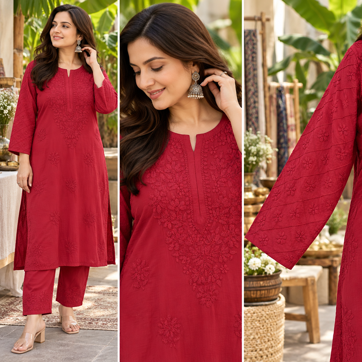 Marron Chanderi Silk Chikankari Kurta Set