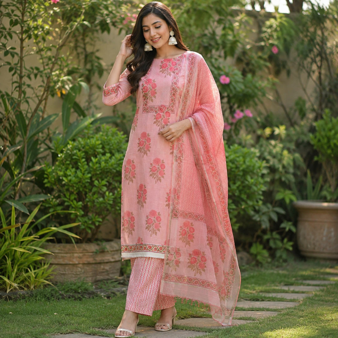 White and Peach Floral Hand Block Print Dress Material