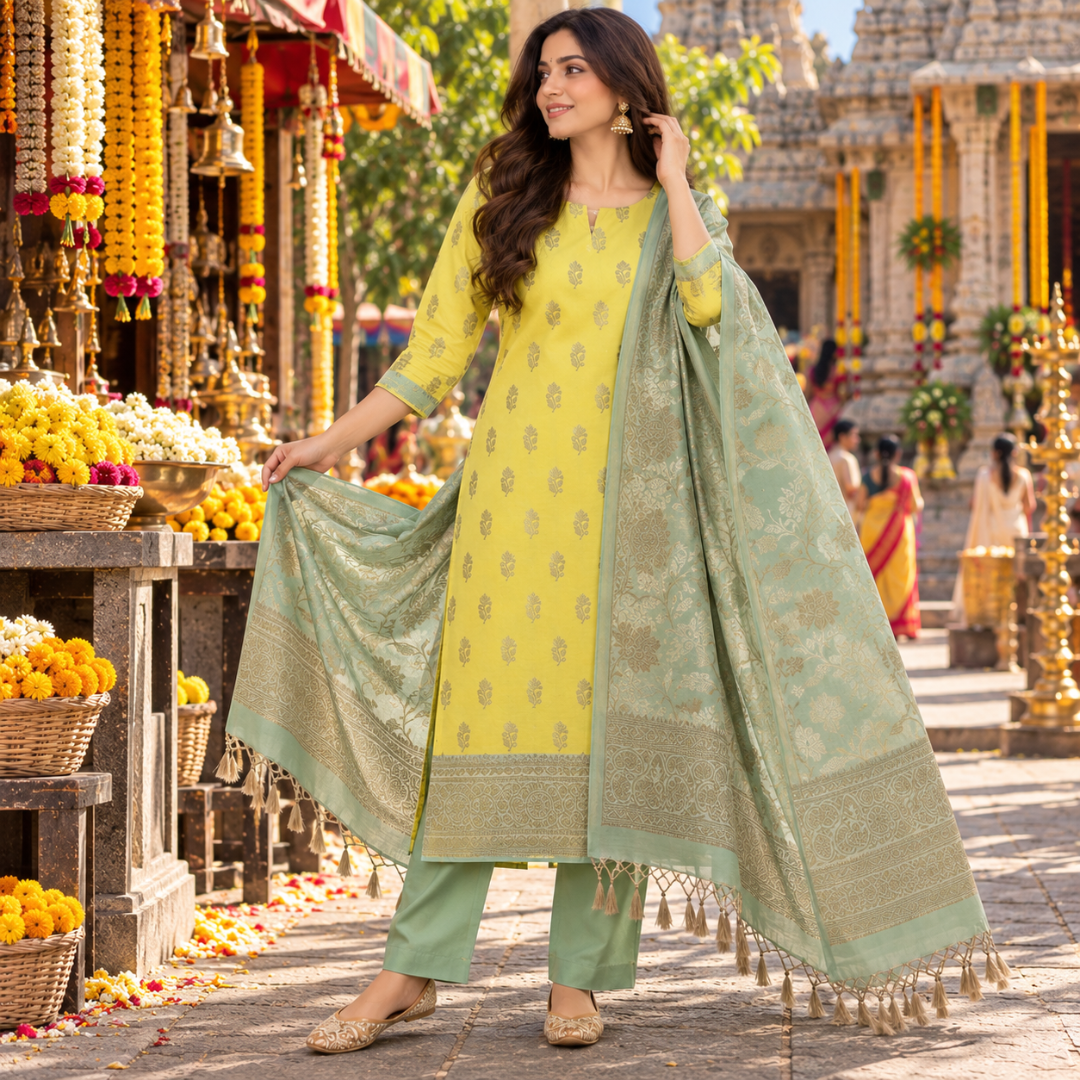 Yellow Green Banarasi Handwoven Silk Suit Set