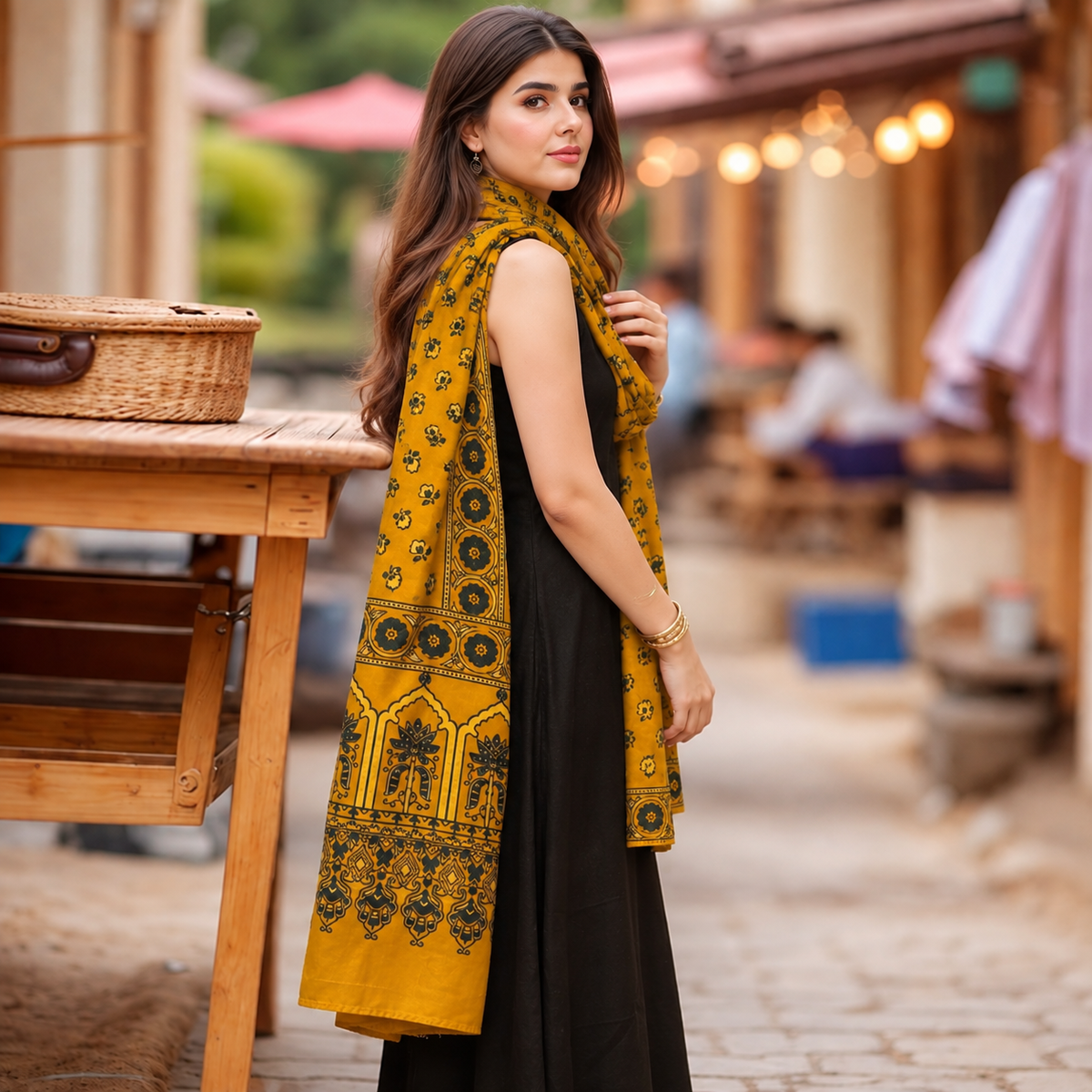 Ajrakh Mashru Silk Mustard Yellow Stole