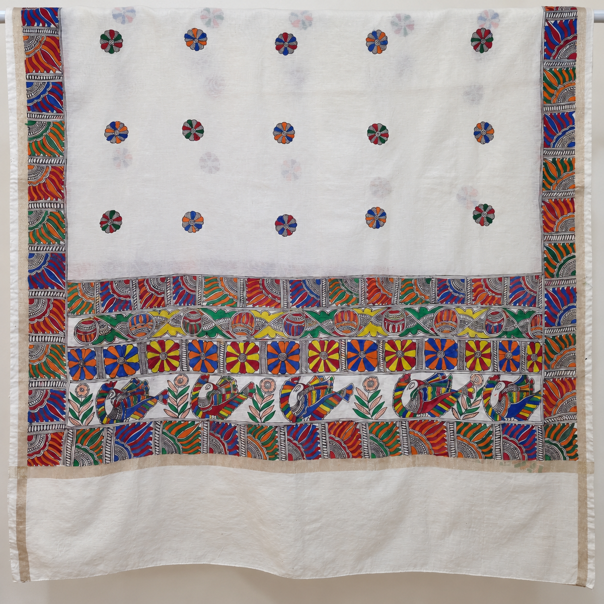 Madhubani Hand Painted Cream Colour Lotus Motif Dupatta