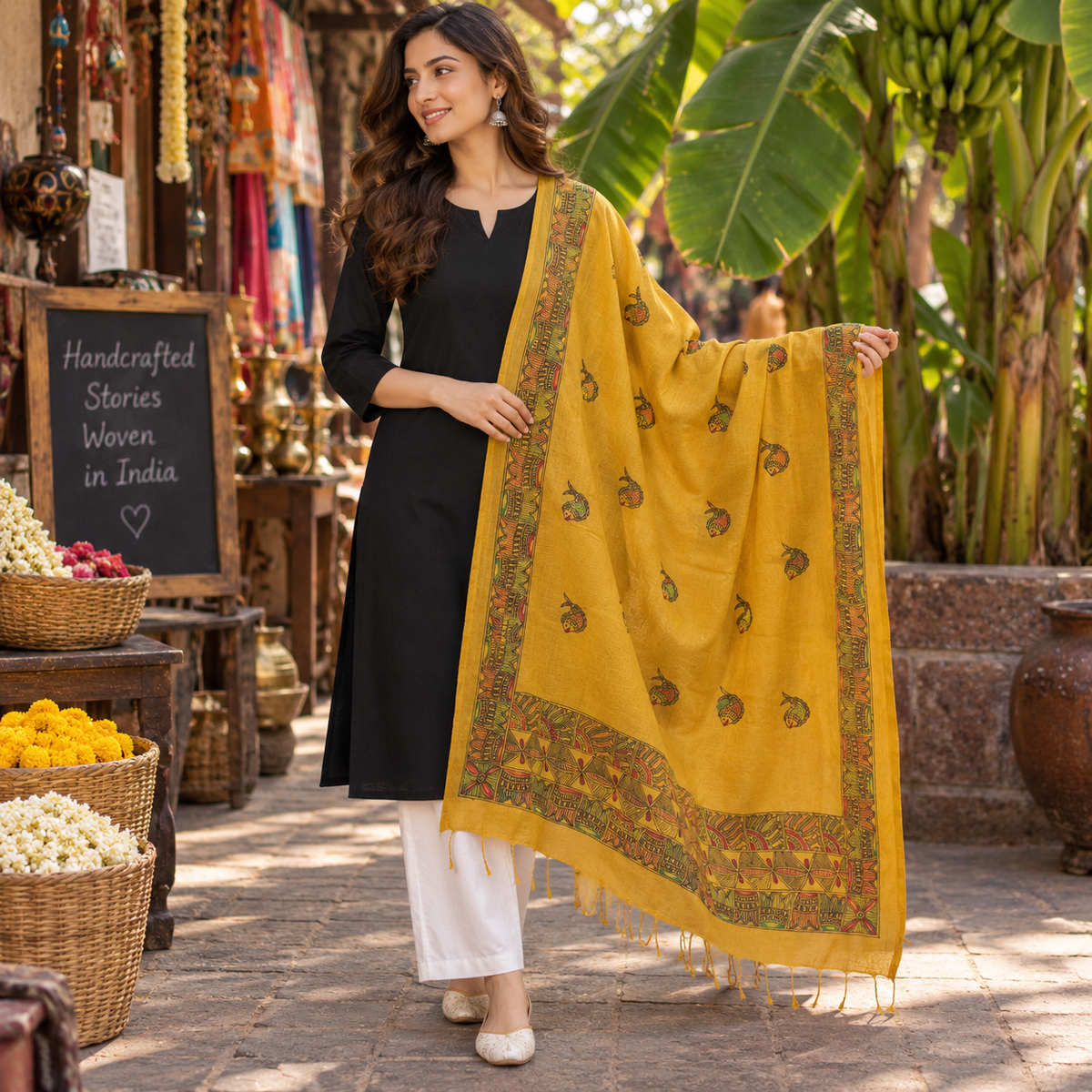 Yellow Slub Cotton Madhubani Dupatta