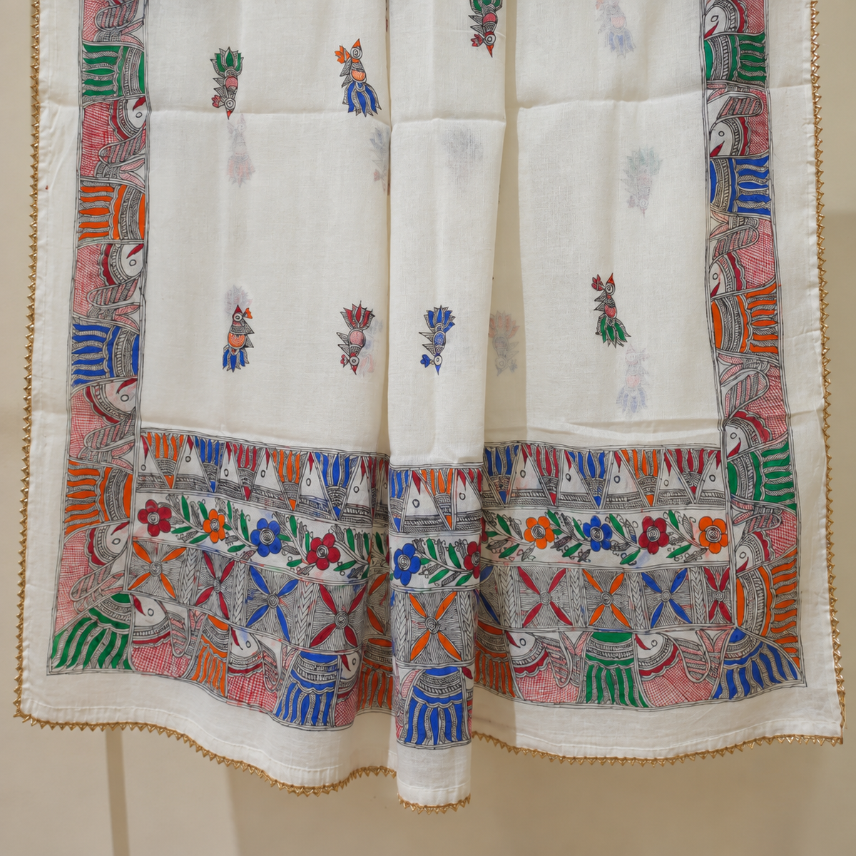 Madhubani Hand painted Cream Colour Fish Motif Dupatta