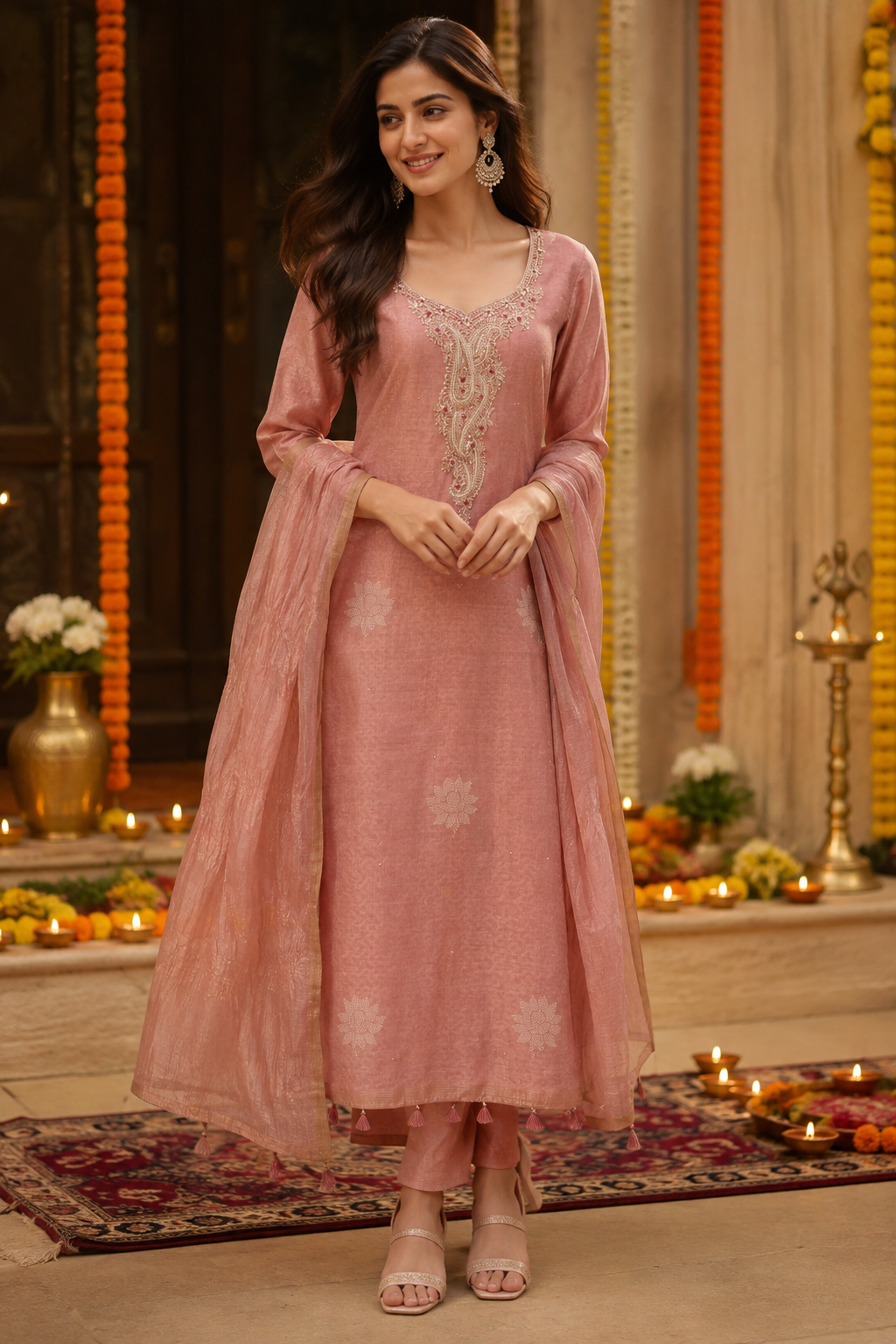 Pink Cotton Silk Hand Embroidery Dress Material