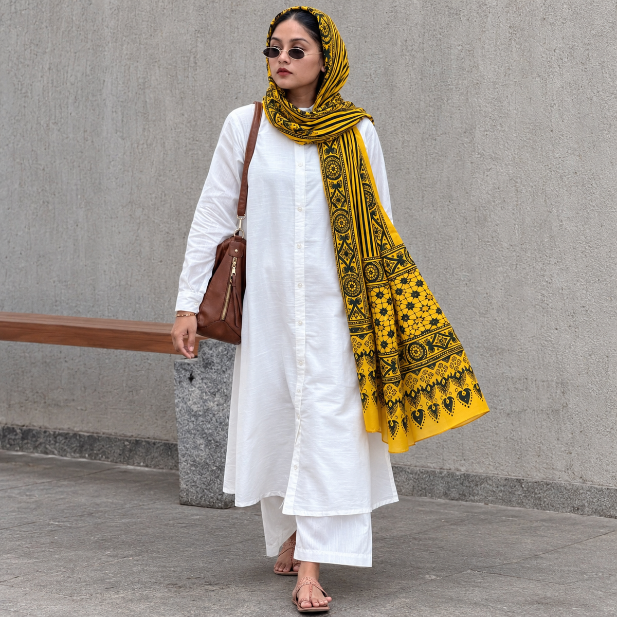 Ajrakh Modal Silk Yellow Stole