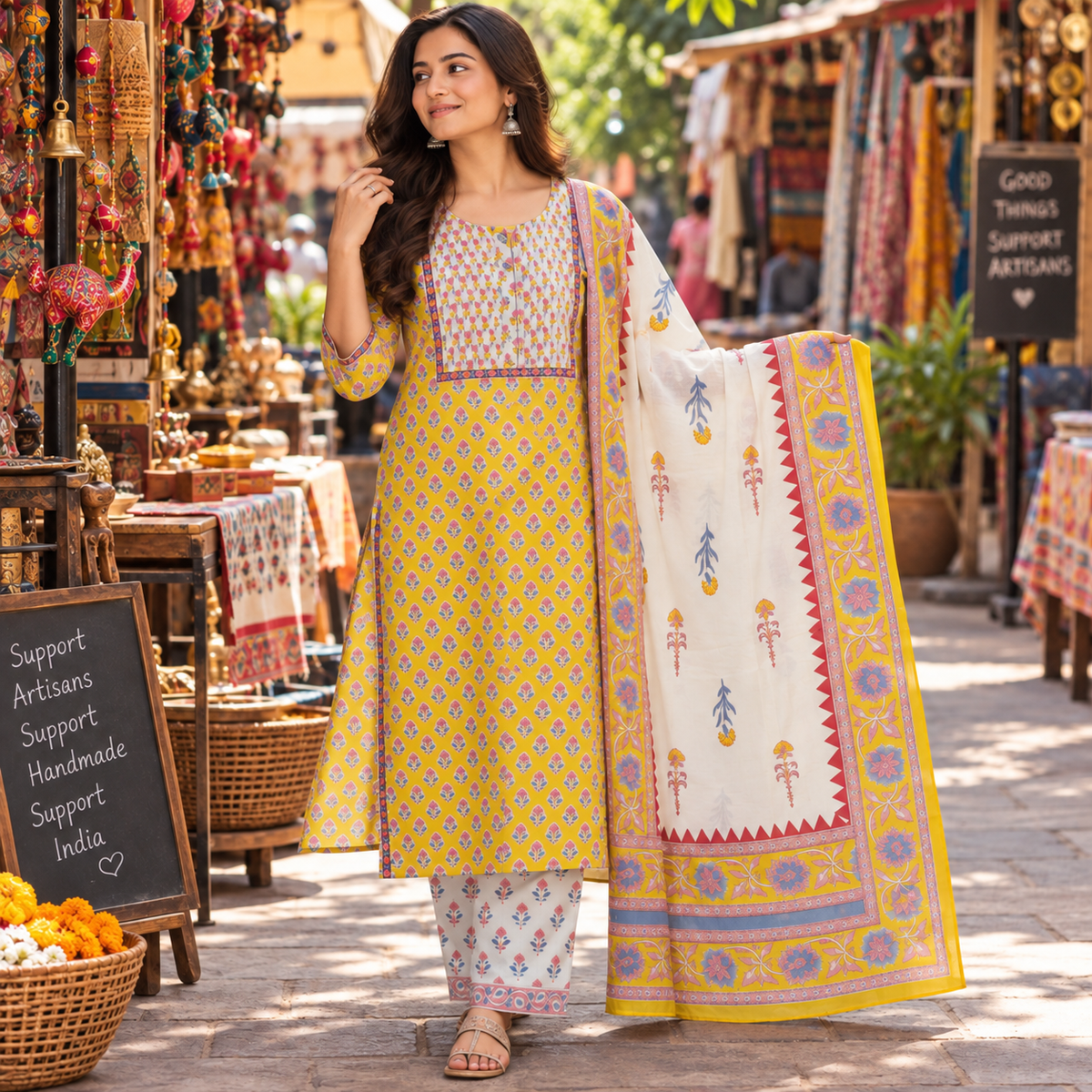 Yellow Mul Cotton Pleated Block Print Kurta Set