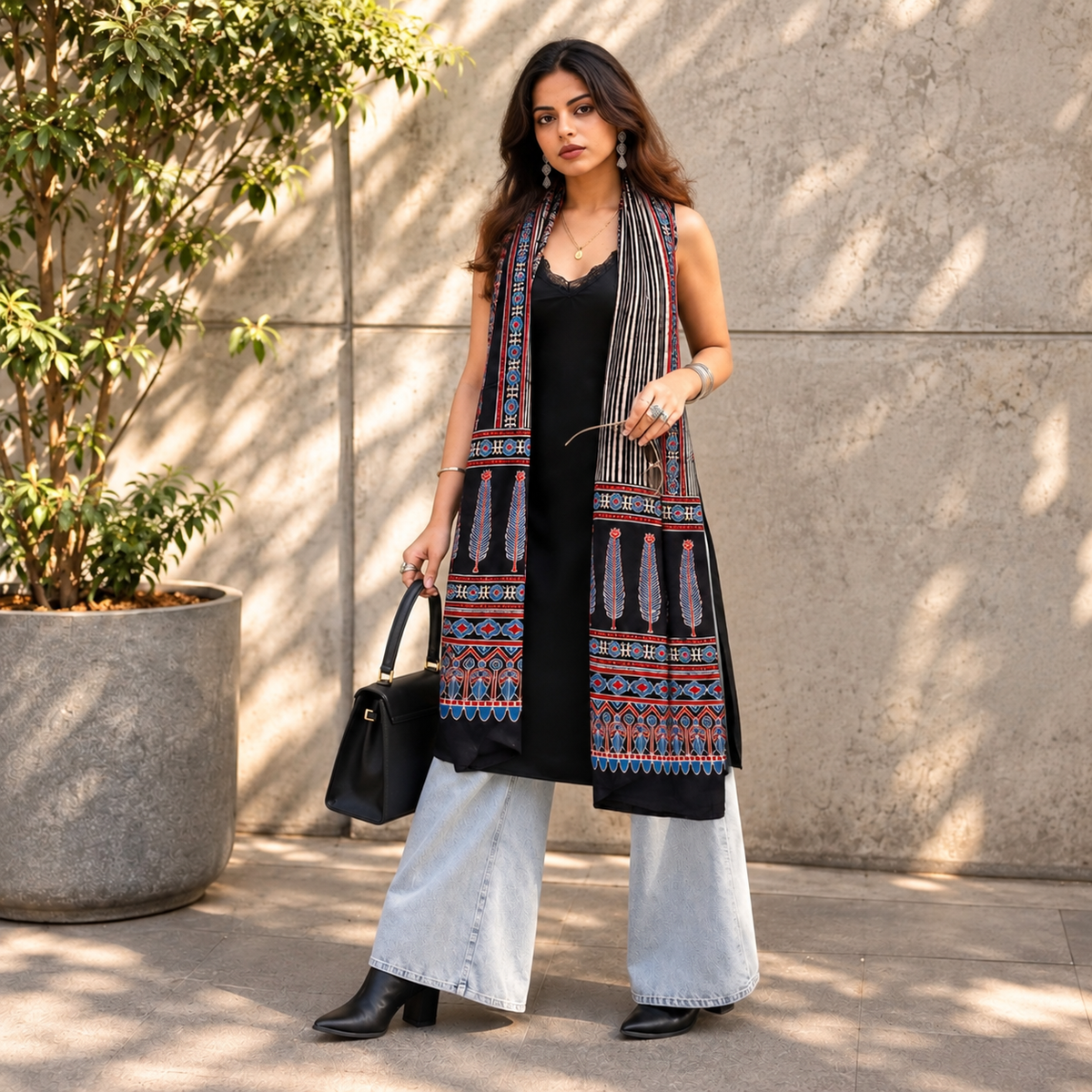 Ajrakh Modal Silk Black Stole