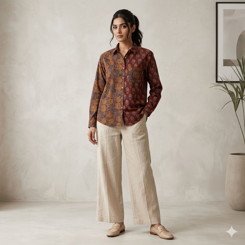 Marron Bagru print Kalamkari Cotton Shirts