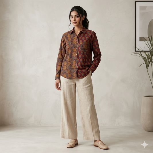 Marron Bagru print Kalamkari Cotton Shirts
