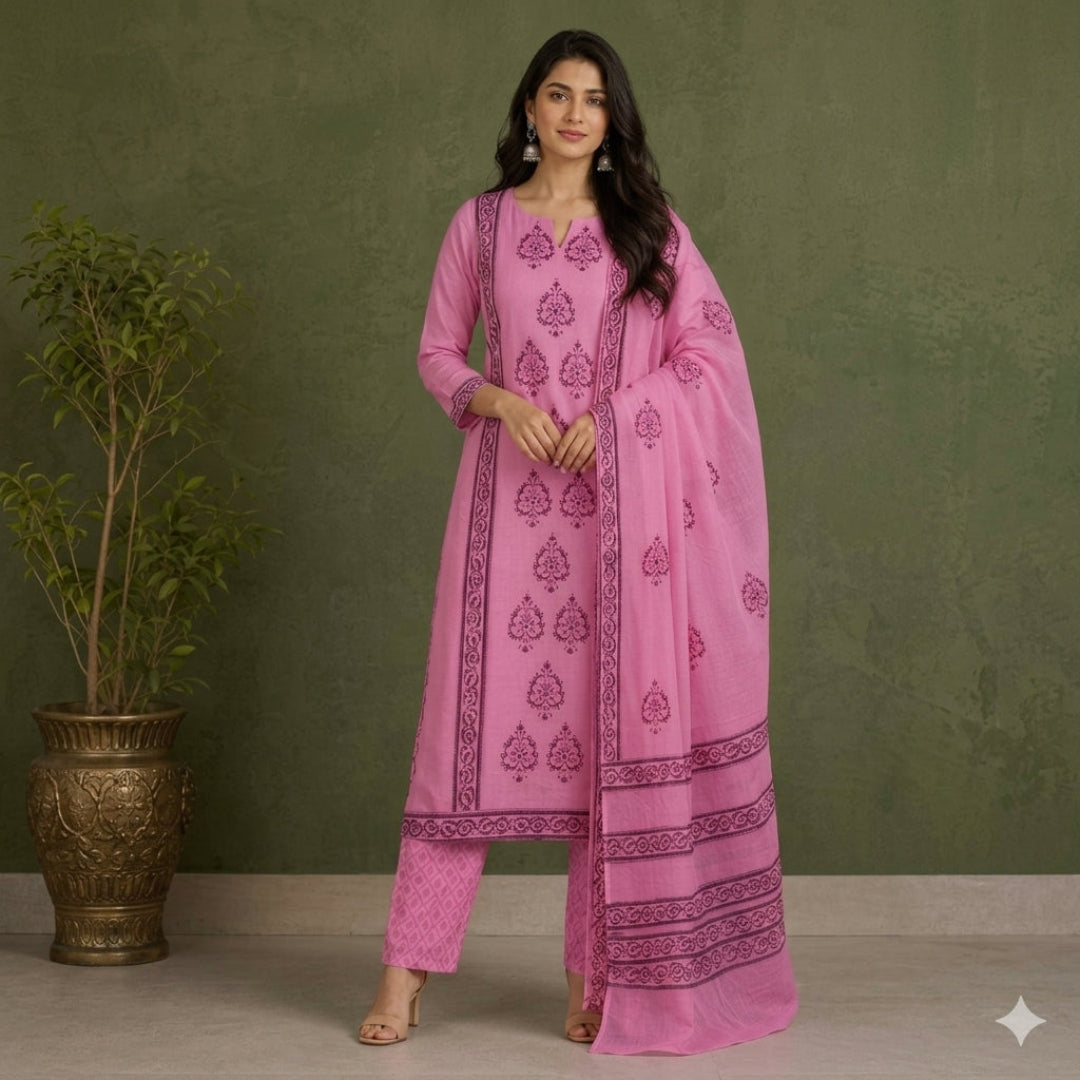 Pink Hand Block Print Dress Material