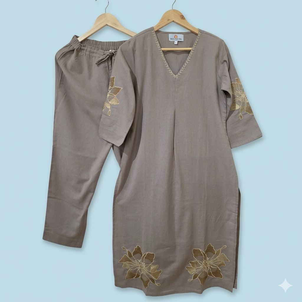 Beige With Neck Embroidery Kurta Set