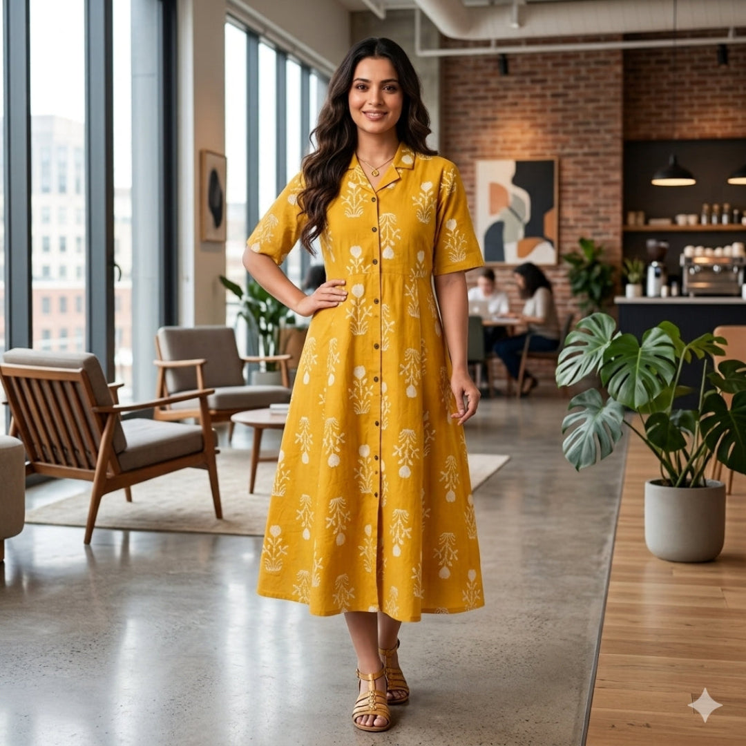 Yellow Cotton Hand Block Print Dress