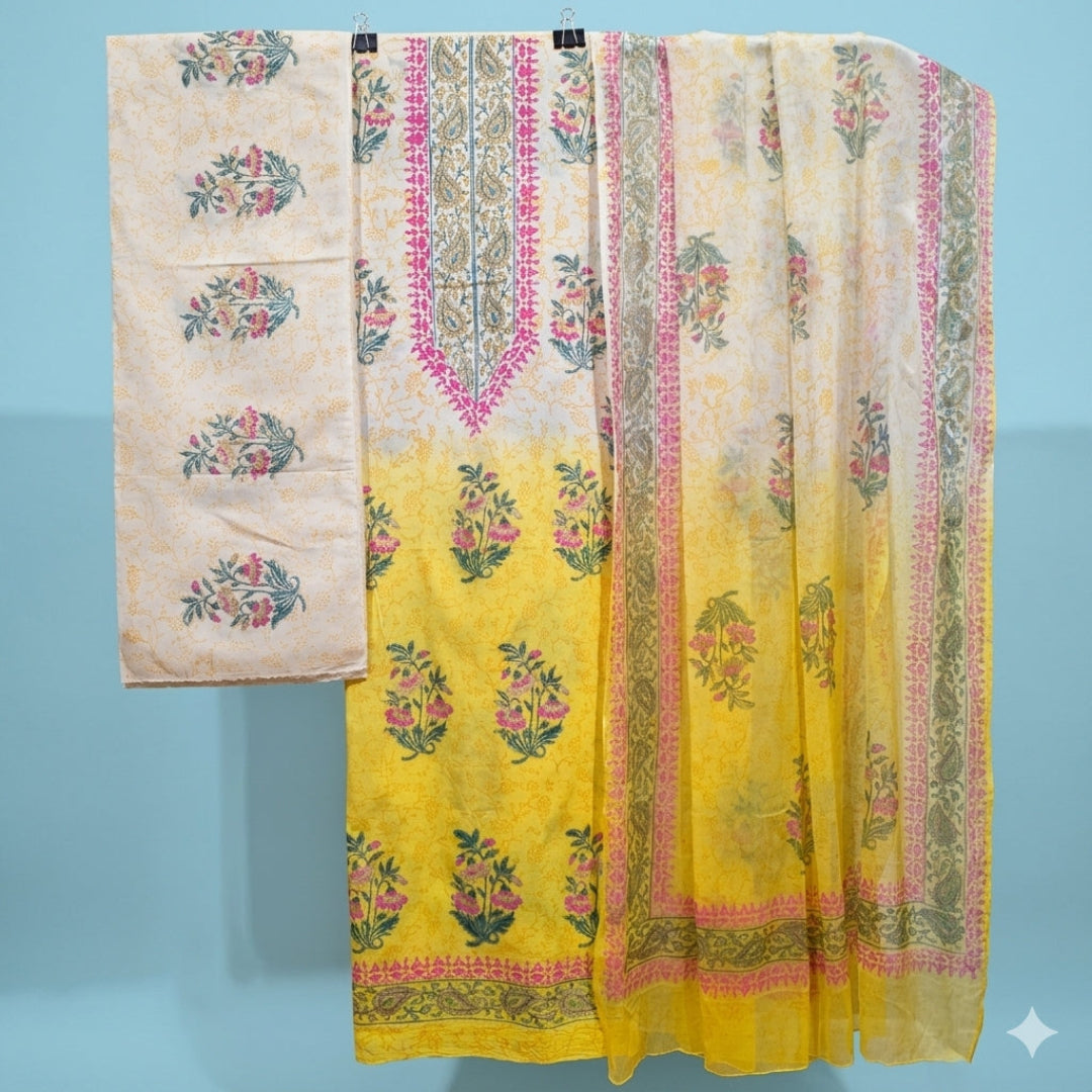 Dual Shade Yellow And Cream Hand Block Print Dress Material