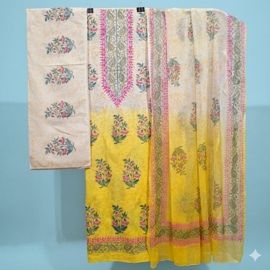Dual Shade Yellow And Cream Hand Block Print Dress Material