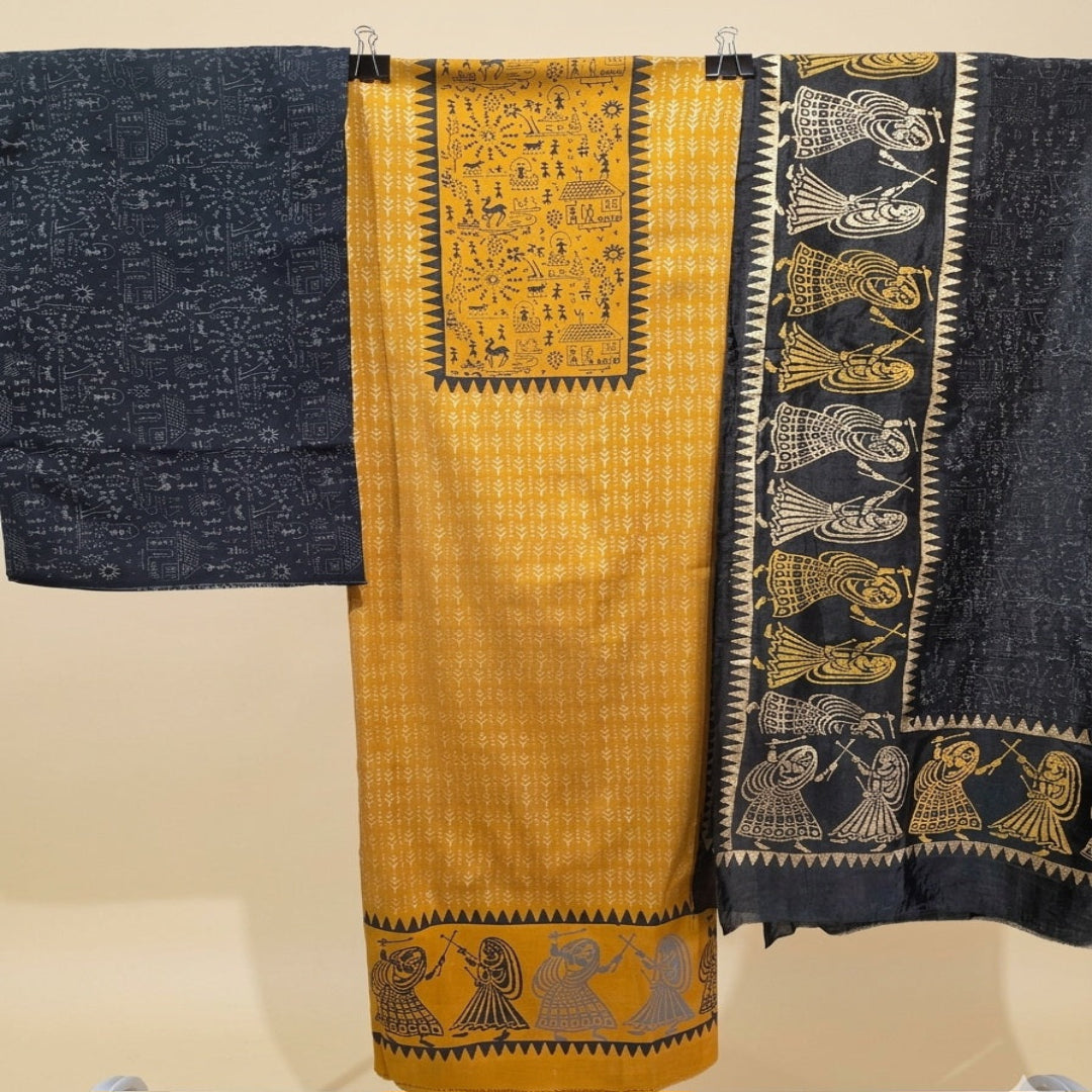 Mustard Yellow Warli Art Hand block Dress Material