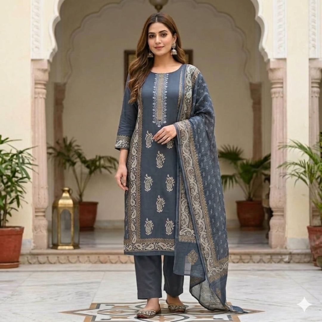 Grey Hand block Print Dress Material