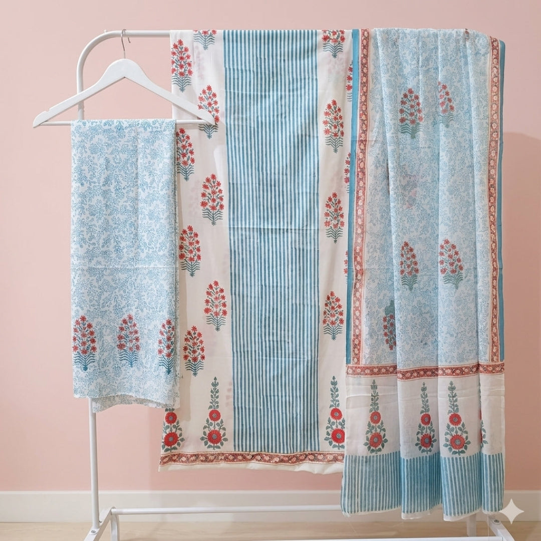 White With Floral Hand Block Print Dress Material