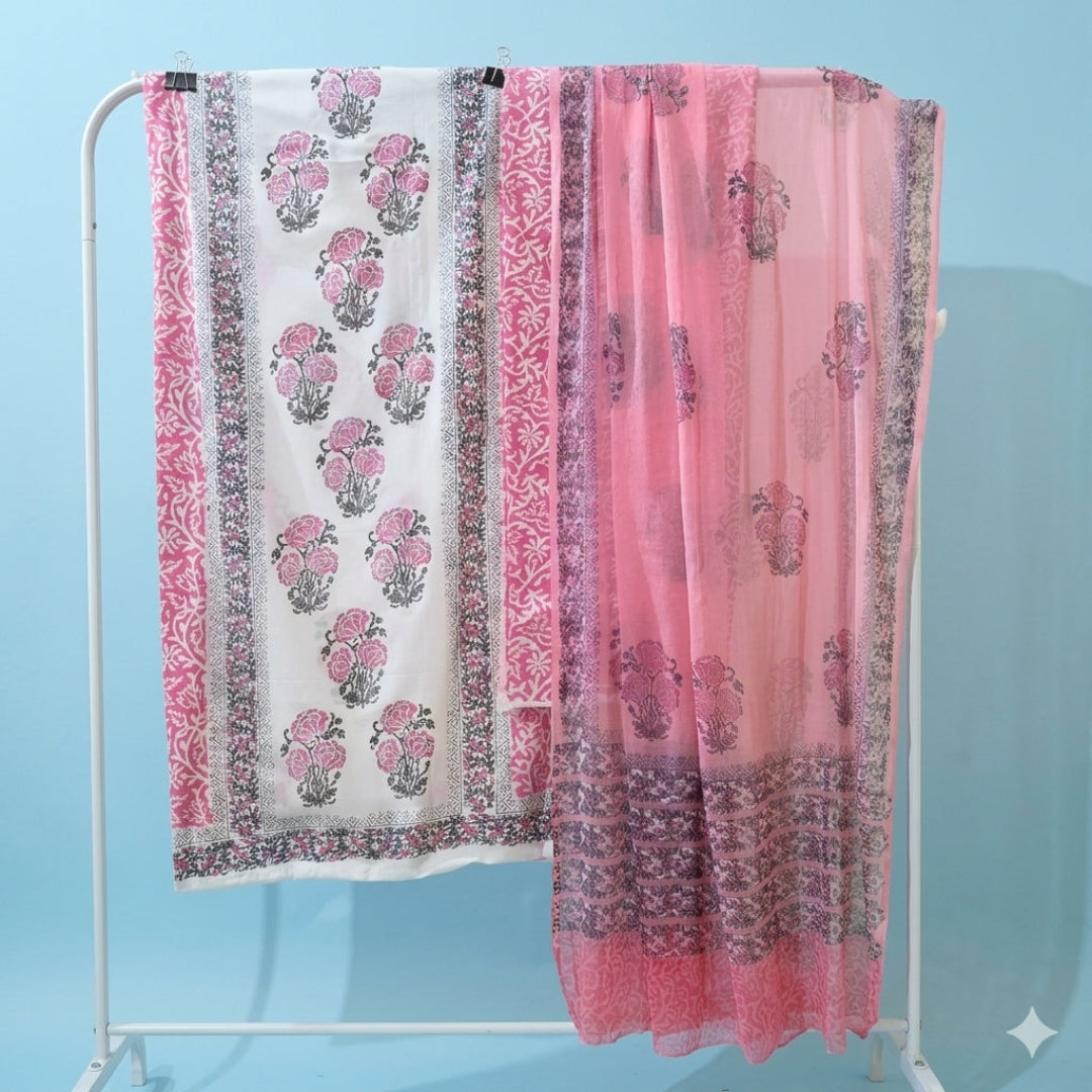 Pink And White Hand Block Cotton Dress Material