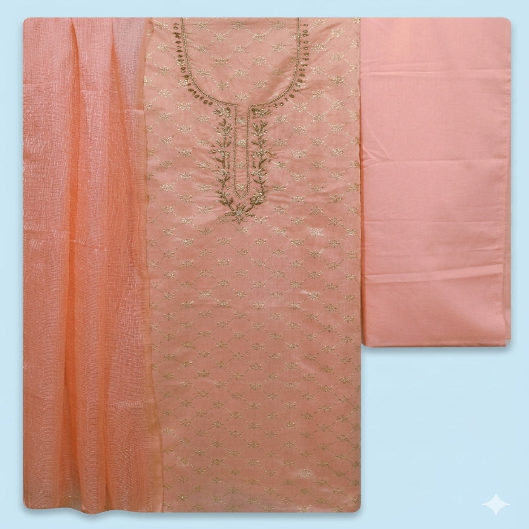 Peach Chandari Silk Dress Material