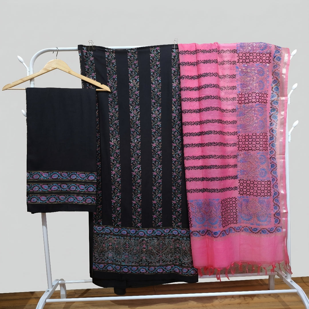 Black Paisley Hand Block Print Dress Material