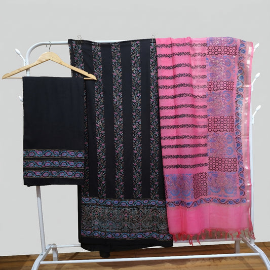 Black Paisley Hand Block Print Dress Material