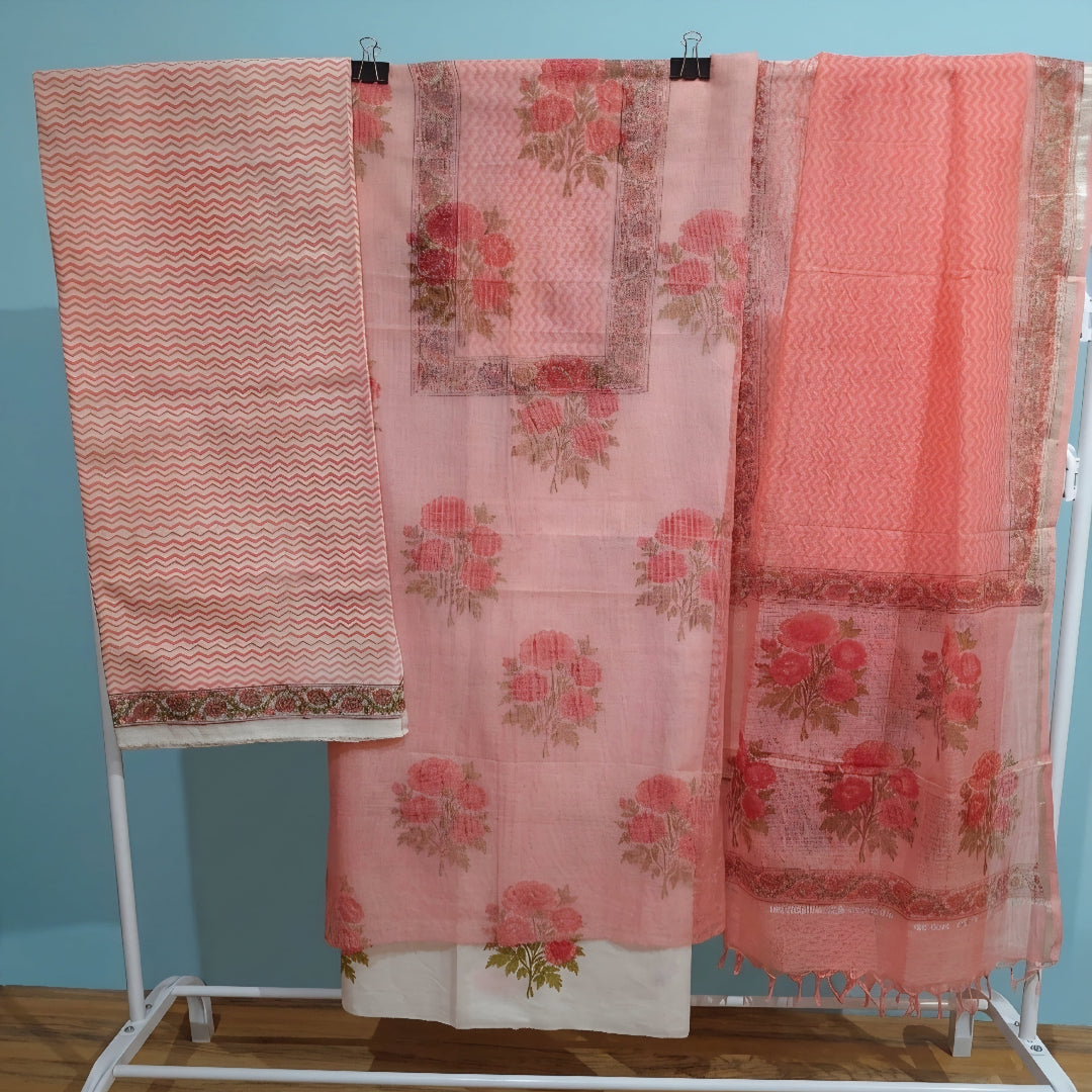 White and Peach Floral Hand Block Print Dress Material