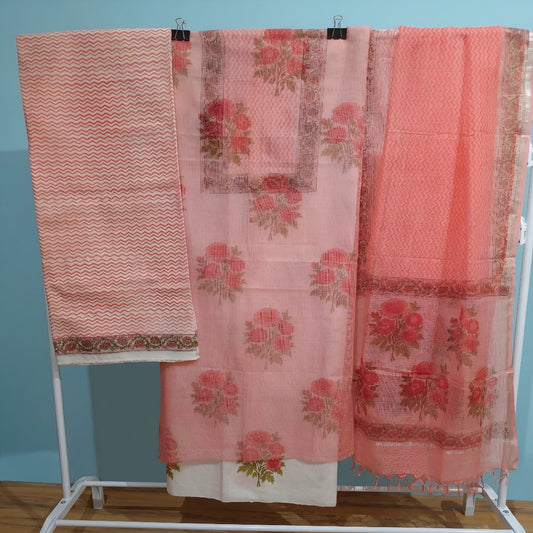 White and Peach Floral Hand Block Print Dress Material