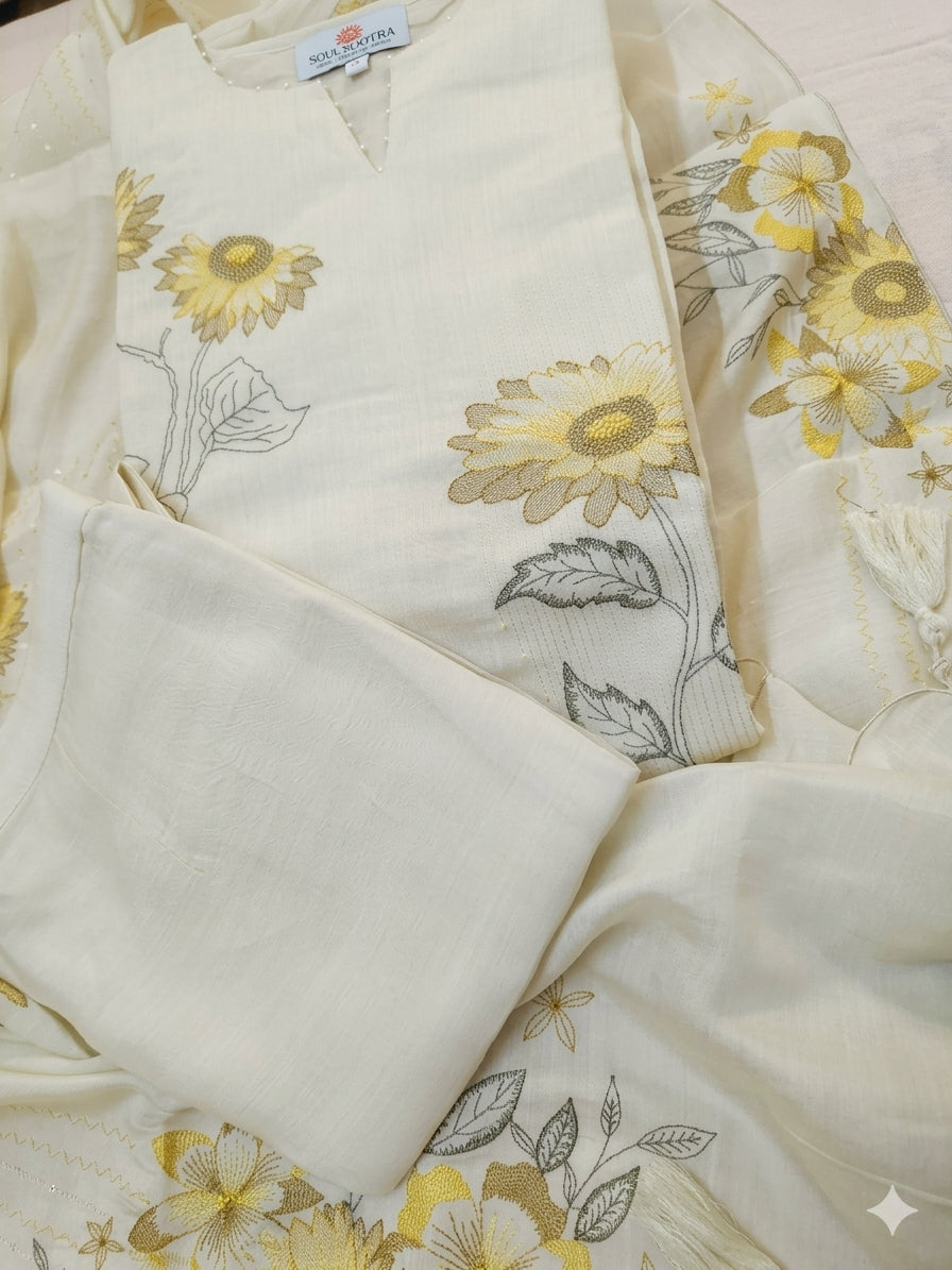 Cream Chanderi Silk Sunflower Embroidery Kurta Set