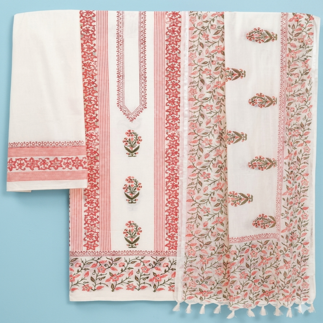 Cream and Peach Floral Handblock Print Dress Material