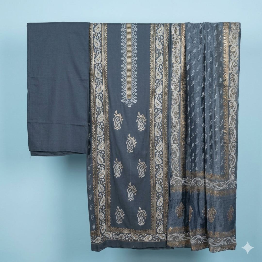 Grey Hand block Print Dress Material
