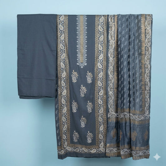 Grey Hand block Print Dress Material