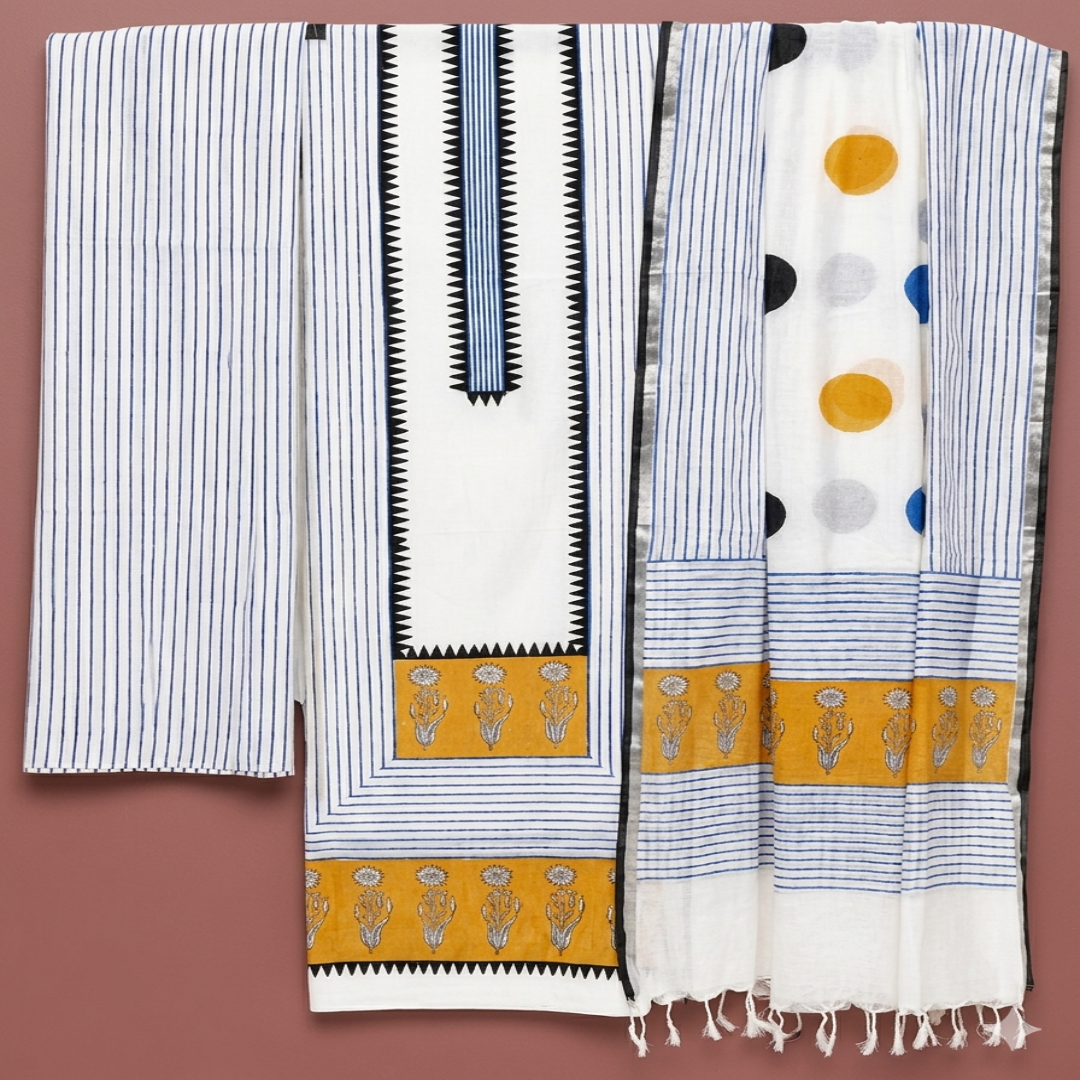 White And Blue Geometric Hand Block Print Dress Material